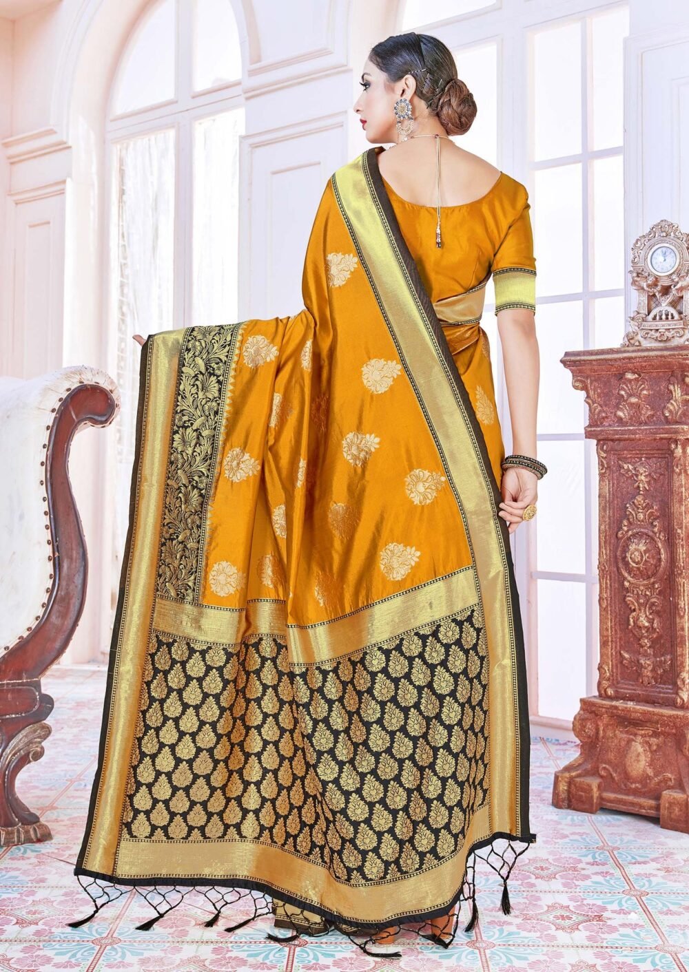 Mustard Woven Design Banarasi Art Silk Saree Set - Image 3