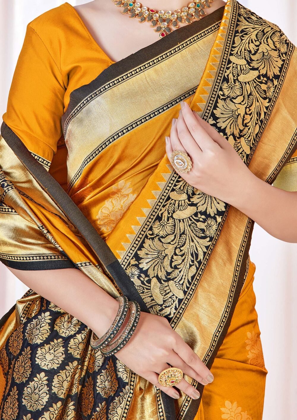 Mustard Woven Design Banarasi Art Silk Saree Set - Image 2