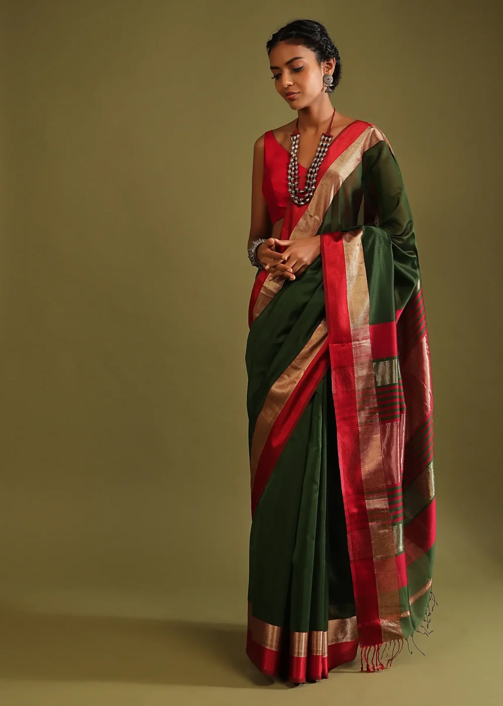 Cypress Green Saree In Tussar Silk With Gold And Red Woven Border And Striped Pallu Design - Image 3