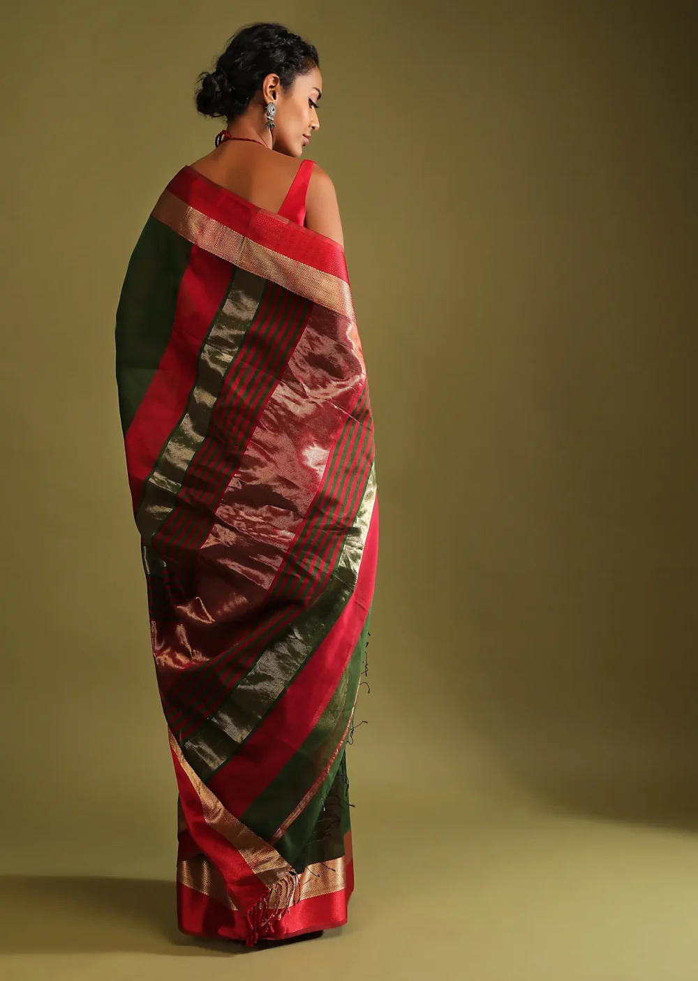 Cypress Green Saree In Tussar Silk With Gold And Red Woven Border And Striped Pallu Design - Image 4