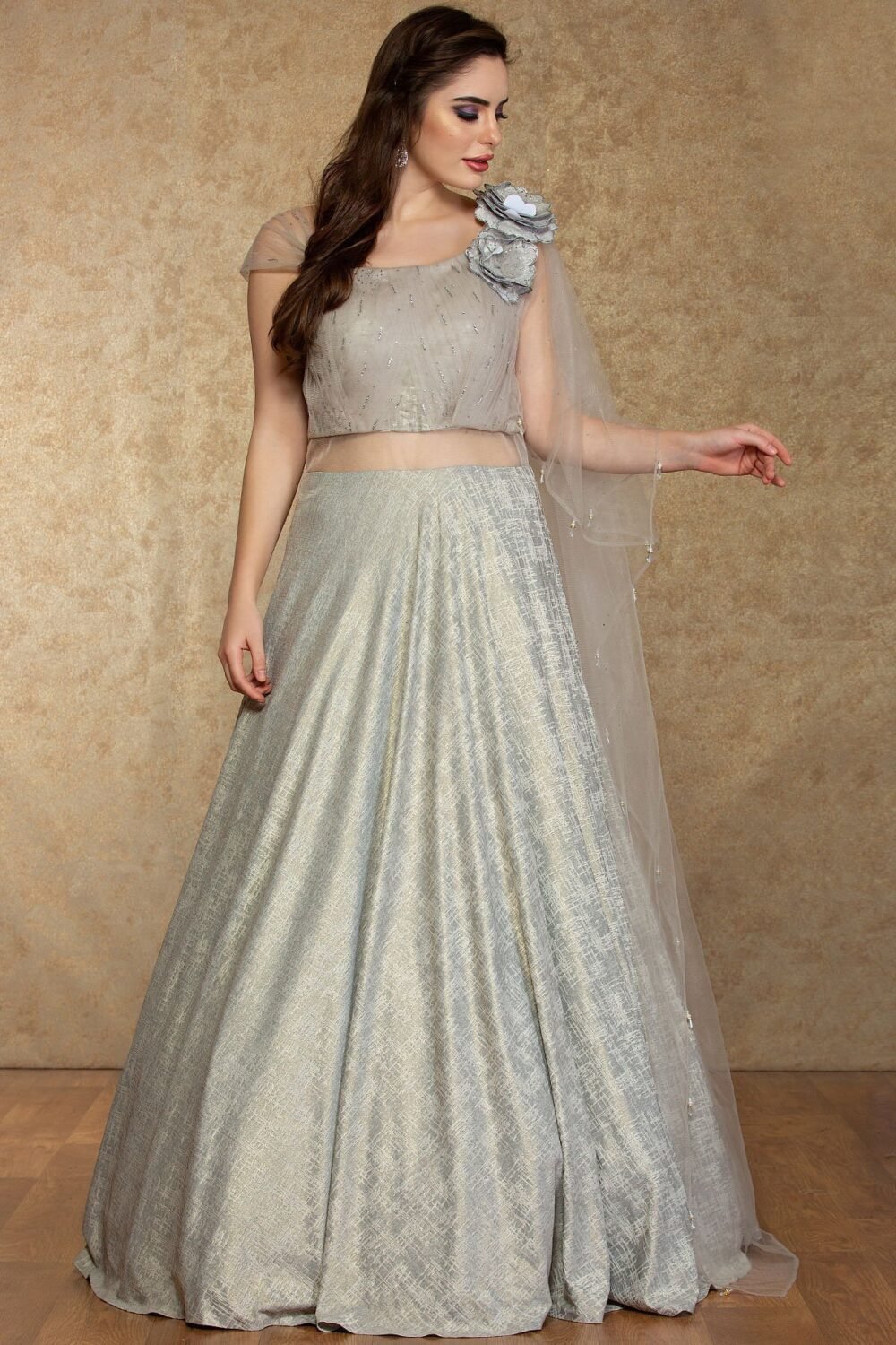 Light Grey Applique Embroidered Silk Evening Gown - Image 4