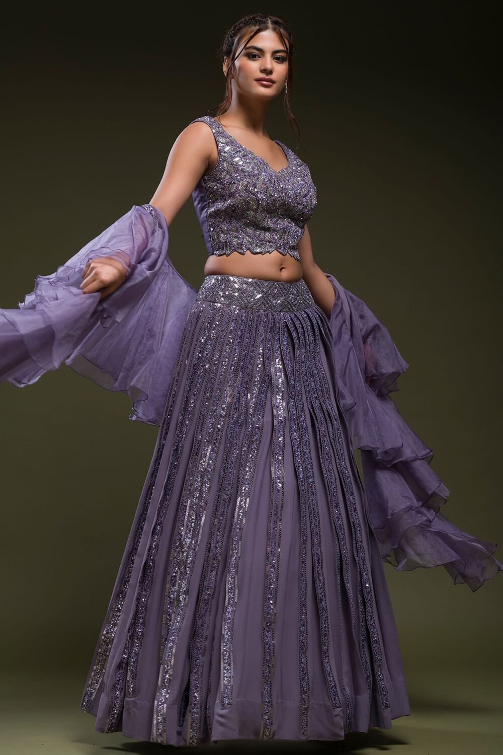 Vintage Violet Sequins Embroidered Georgette Designer Lehenga - Image 3