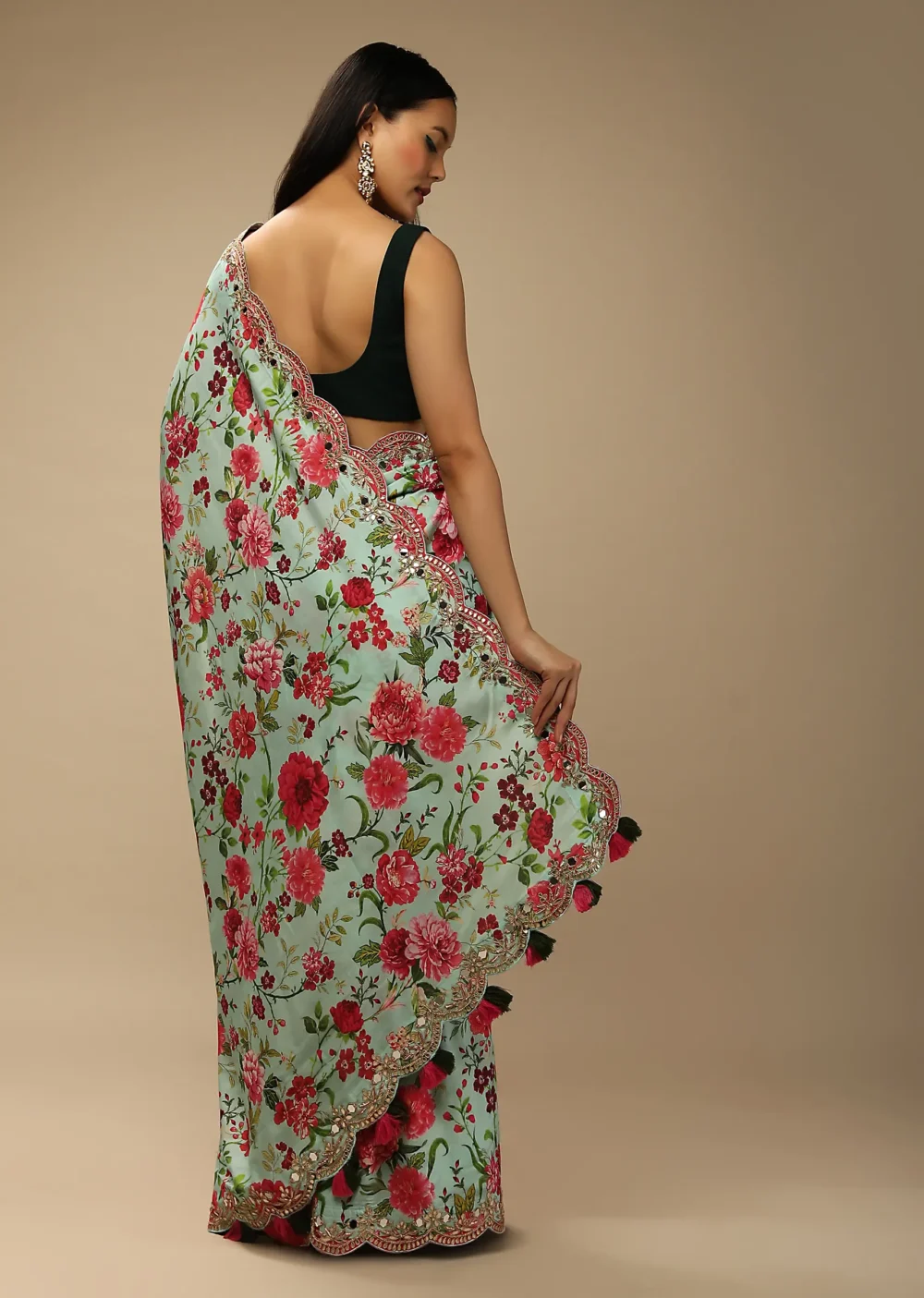 Mint Saree In Cotton Silk With Contrasting Floral Print And Gotta Embroidered Scallop Border - Image 4