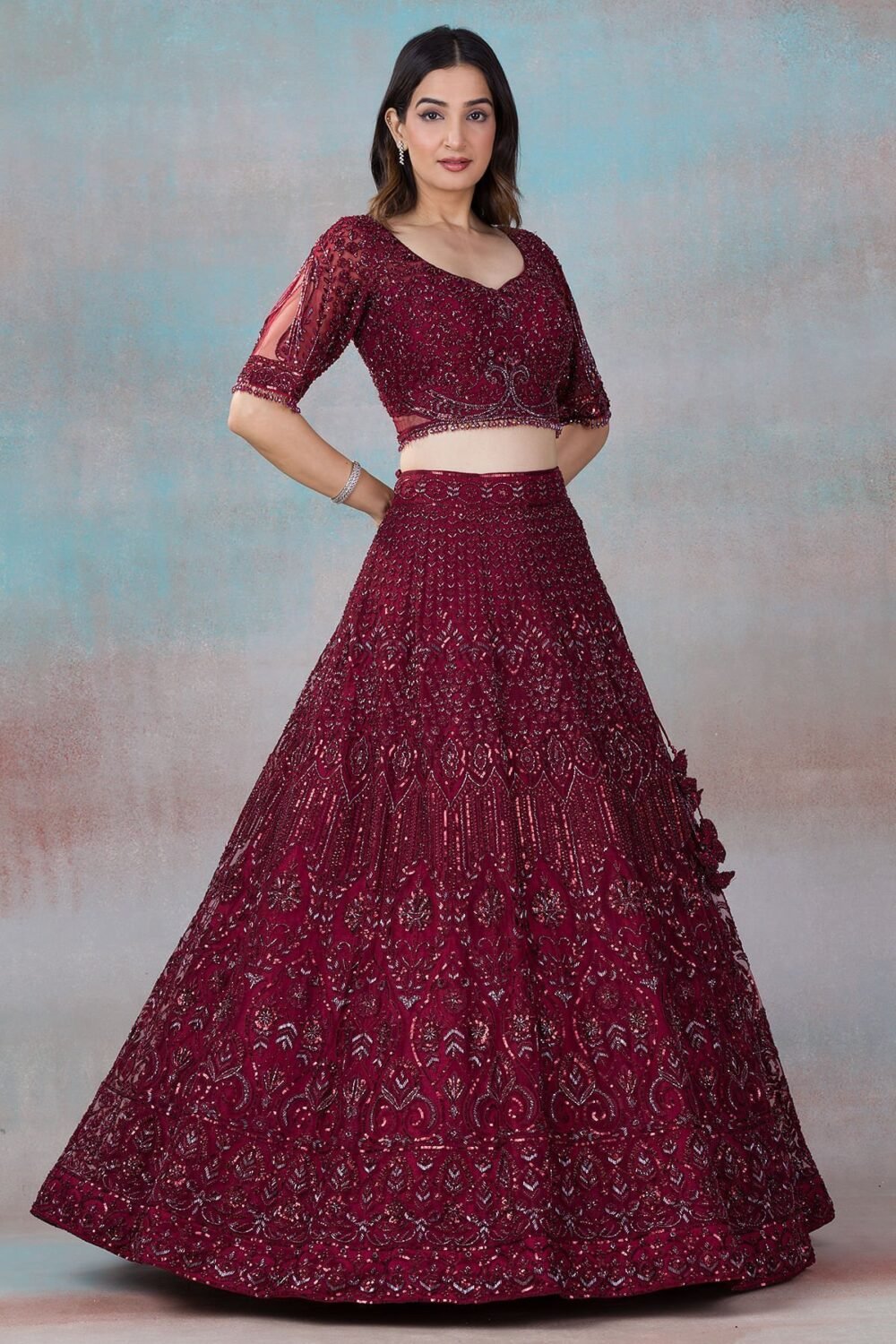 Biking Red Sequins Embroidered Net Sangeet Lehenga - Image 3