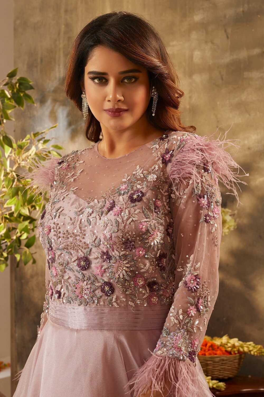 Bridal Rose Pink Sequins Embroidered Shimmer Organza Cocktail Gown - Image 2