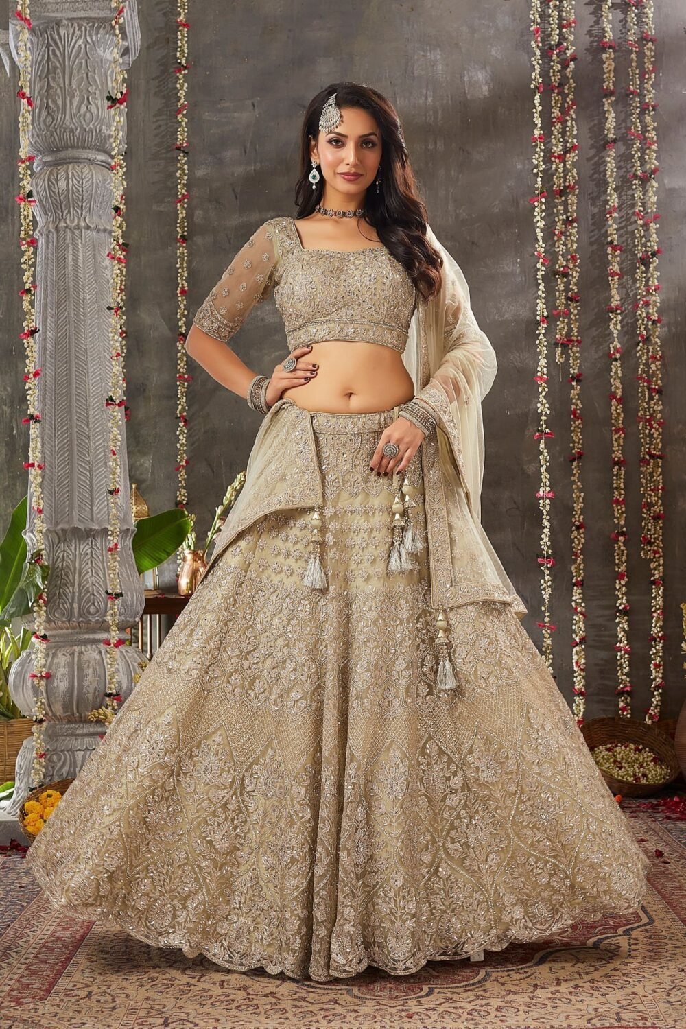 Asparagus Green Mirror Embroidered Net Bridesmaid Lehenga - Image 2