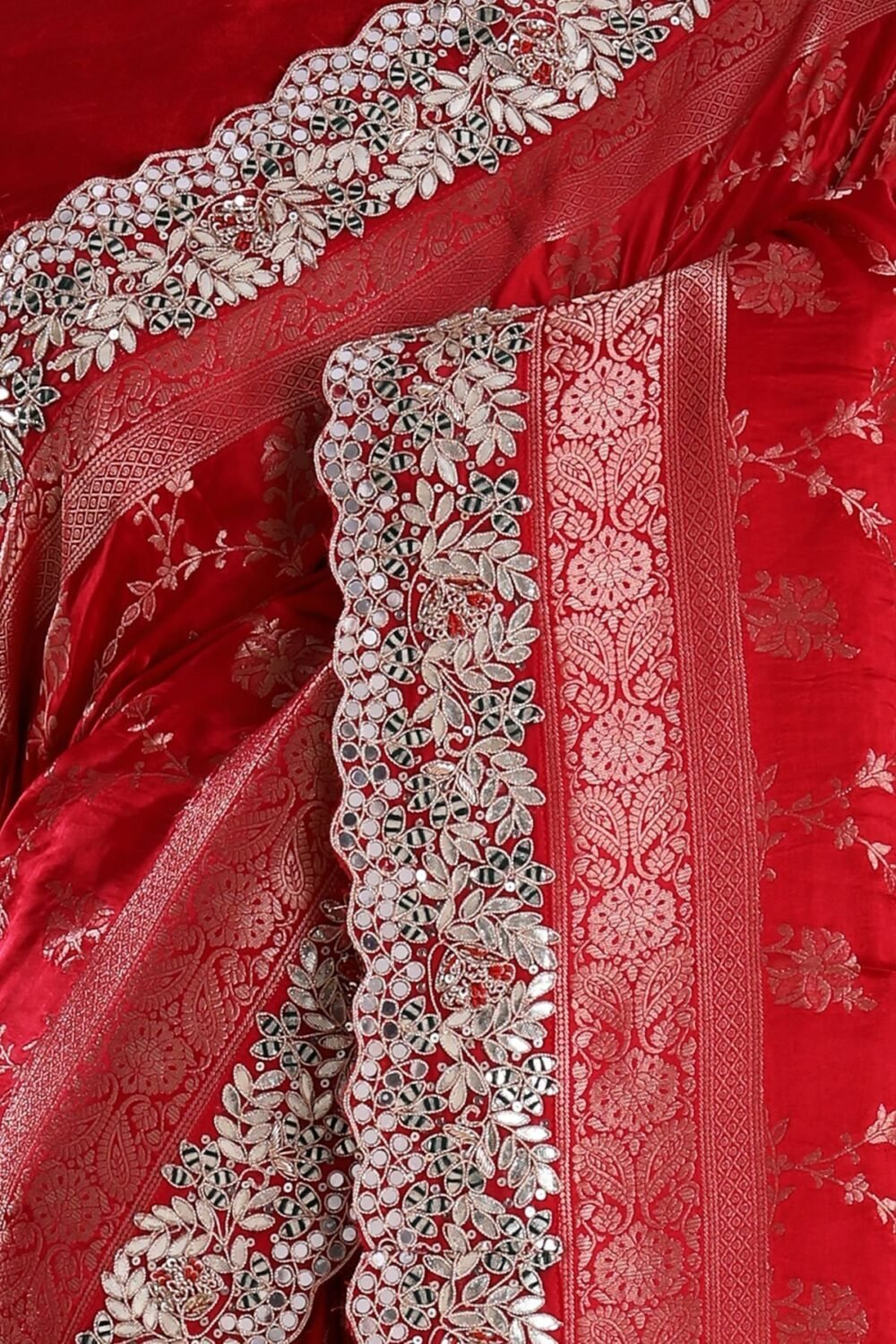 Crimson Red Gota Embroidered Satin Silk Saree - Image 5