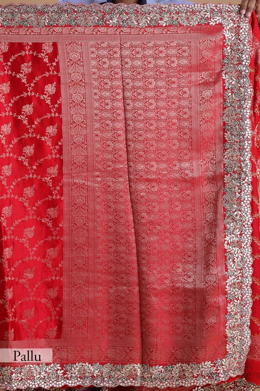 Crimson Red Gota Embroidered Satin Silk Saree - Image 6