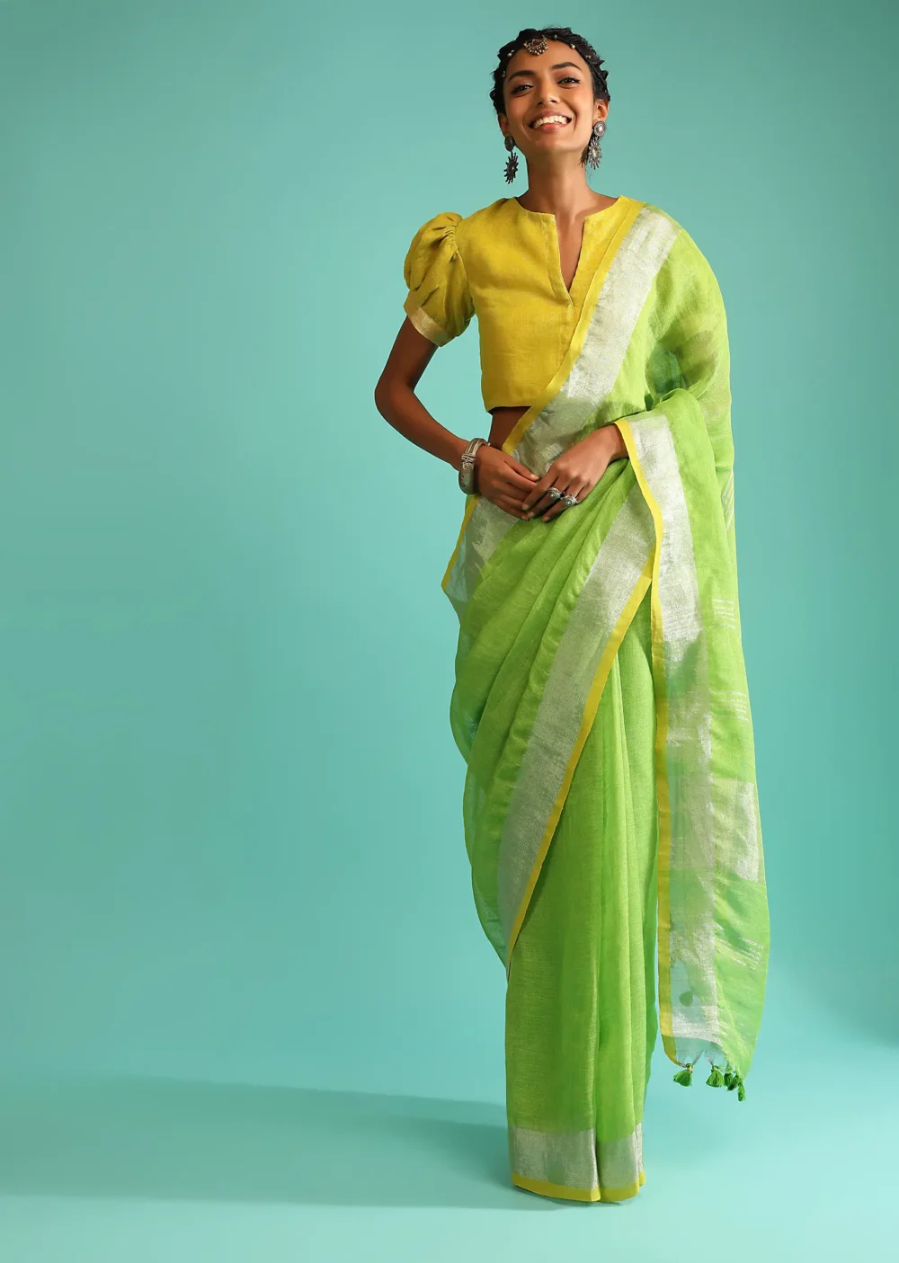 Parrot Green Saree In Linen With Silver Brocade Border And Striped Pallu Along With Yellow Unstitched Blouse - Image 2