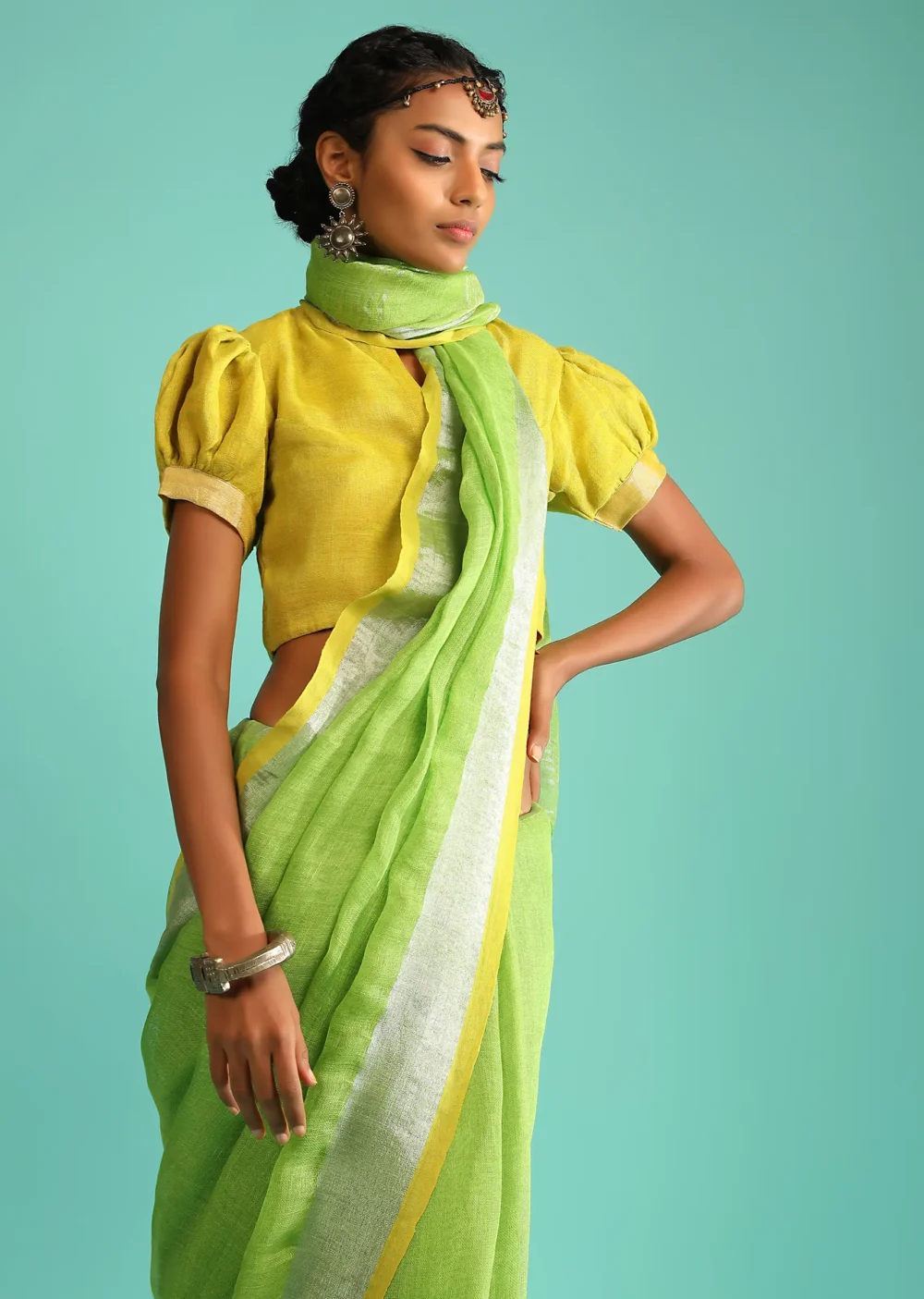 Parrot Green Saree In Linen With Silver Brocade Border And Striped Pallu Along With Yellow Unstitched Blouse - Image 4