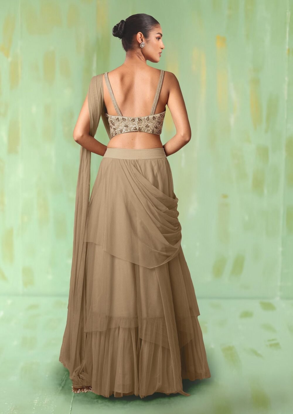 Beige Lehenga Set With Hand Embroidered Blouse - Image 5